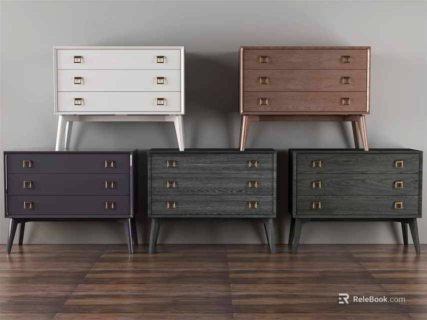 Modern Wooden Bedside Tables in Various Colors with Drawers Metal Handles and Slim Legs 3d model 