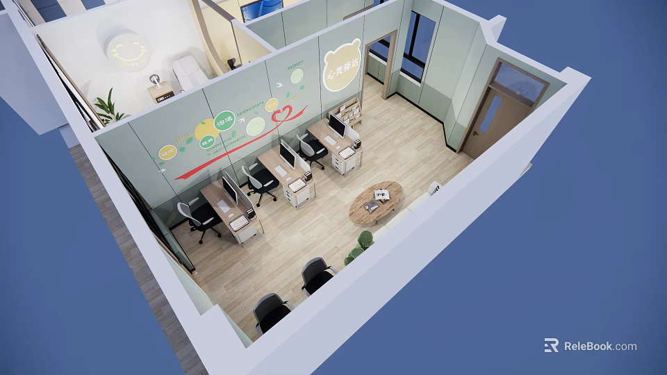 Modern School Classroom Interior With Desks Interactive Wall And Green Plants 3d model