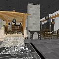 Traditional Chinese Restaurant Interior With Wooden Tables Chairs Brick Walls Lattice Decor And Hanging Lanterns