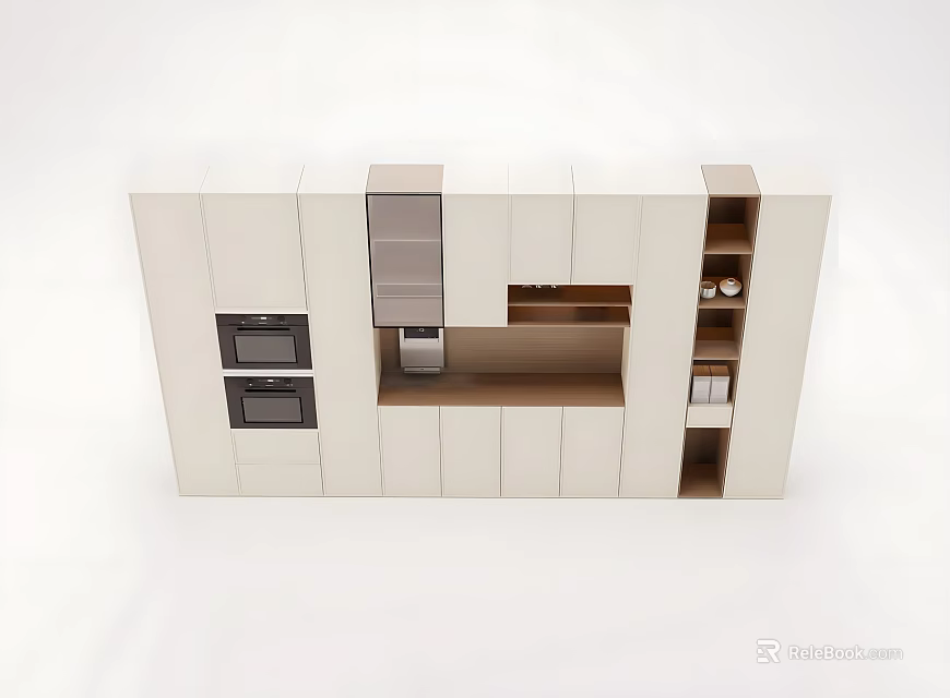 Modern White Kitchen Cabinets With Built in Ovens Open Shelves And Wooden Accents 3d model 