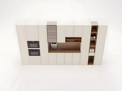 Modern White Kitchen Cabinets With Built in Ovens Open Shelves And Wooden Accents 3d model