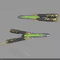 Double Butterfly Knife Weapon With Black Gold Accents And Green Glowing Blade Design