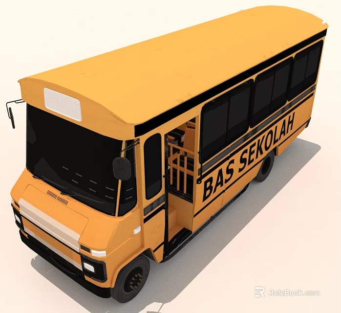 Yellow School Bus Exterior With Black Windows And BAS SEKOLAH Lettering 3d model 