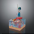 Colorful Fish Swimming in Transparent Cube with Pink Plants and Fishing Figure