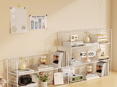 Minimalist Study Room Interior With White Wire Shelves Books Photo Frames And Green Plant 3d model