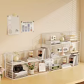 Minimalist Study Room Interior With White Wire Shelves Books Photo Frames And Green Plant