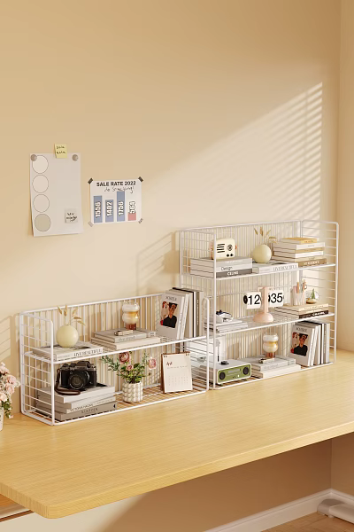 Minimalist Study Room Interior With White Wire Shelves Books Photo Frames And Green Plant 3d model