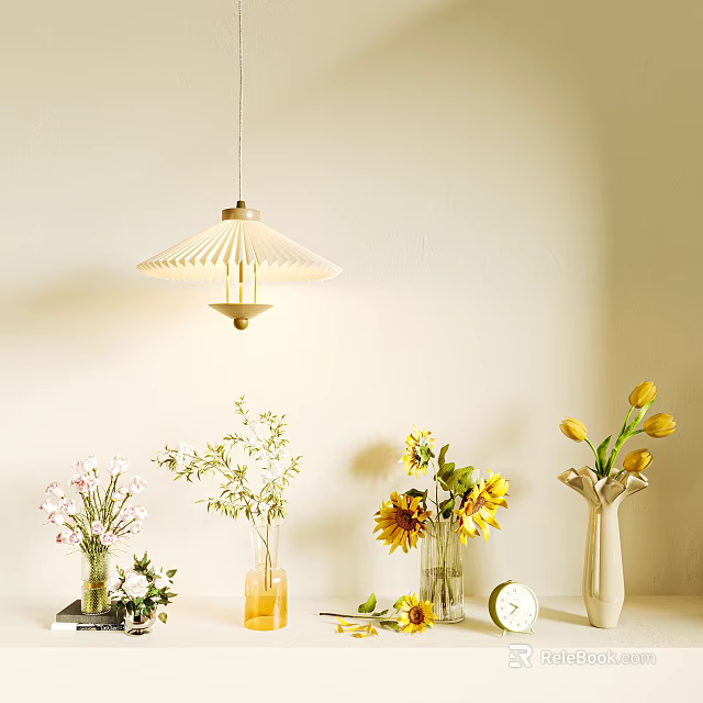 Flower Vases With Sunflowers Tulips Pink Flowers And Green Foliage On Table With Pendant Light 3d model 