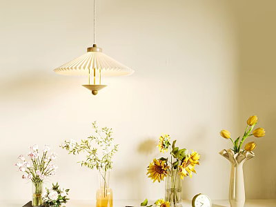 Flower Vases With Sunflowers Tulips Pink Flowers And Green Foliage On Table With Pendant Light 3d model