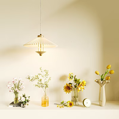 Flower Vases With Sunflowers Tulips Pink Flowers And Green Foliage On Table With Pendant Light 3d model