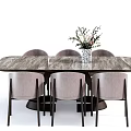 Modern Dining Table Set With Marble Top Light Gray Chairs And Decorative Flowers 3d model