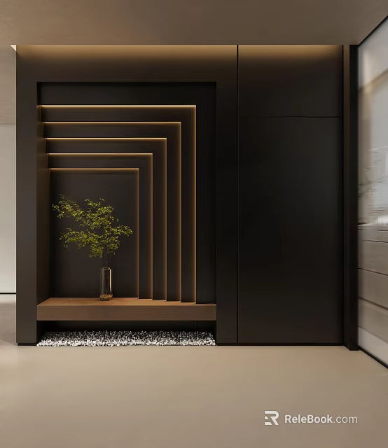 Stylish Entryway Hallway Interior With Black Background Golden Lines Wooden Shelf Green Plant Vase Pebbles 3d model 