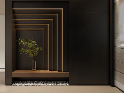 Stylish Entryway Hallway Interior With Black Background Golden Lines Wooden Shelf Green Plant Vase Pebbles 3d model