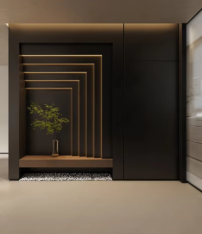 Stylish Entryway Hallway Interior With Black Background Golden Lines Wooden Shelf Green Plant Vase Pebbles 3d model