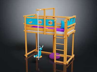 Kids Bunk Bed With Yellow Frame Blue Purple Decor Ladder Swing And Purple Mat 3d model