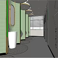 Modern Public Restroom With Green Tiles Gold Framed Mirrors White Sinks And Speckled Flooring