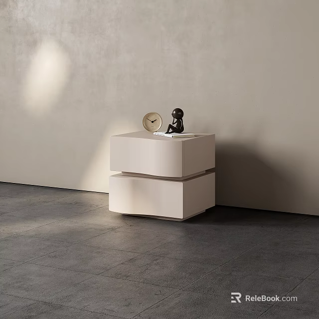 Modern Minimalist Bedside Table With Round Clock And Small Black Sculpture Against Light Colored Wall 3d model 