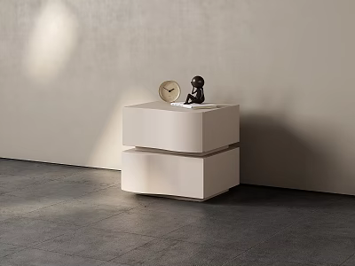 Modern Minimalist Bedside Table With Round Clock And Small Black Sculpture Against Light Colored Wall 3d model