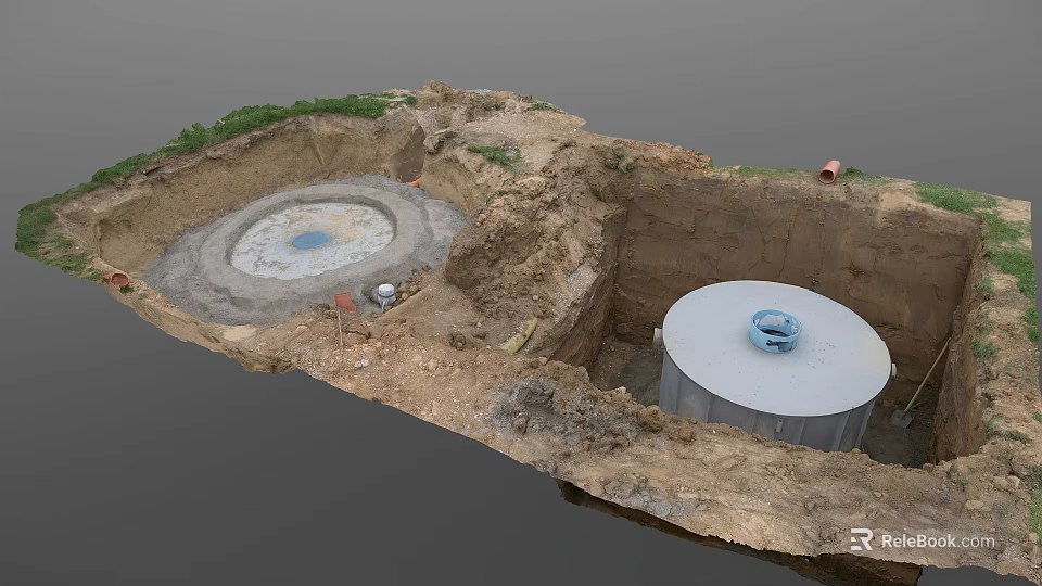 Construction Site With Circular Concrete Structures In Dirt And Grass Area 3d model 