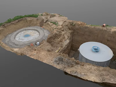 Construction Site With Circular Concrete Structures In Dirt And Grass Area 3d model