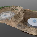 Construction Site With Circular Concrete Structures In Dirt And Grass Area 3d model