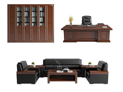Brown Wooden Office Desk With Black Chair Bookshelf And Sofa Set 3d model