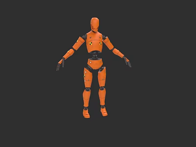 Orange Humanoid Robot Game Movie Character With Mechanical Joints And Yellow Eyes 3d model