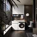 Home Balcony Laundry Space With White Cabinets Sink Washing Machine And Black Blinds