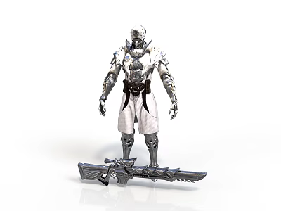 Mythical Warrior Character In Silver Metallic Armor With Large Blade Weapon Standing Pose 3d model