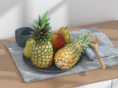 Fresh Pineapples Pears And Apple On Gray Plate With Wooden Spoon Bowl On Wooden Table 3d model