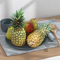 Fresh Pineapples Pears And Apple On Gray Plate With Wooden Spoon Bowl On Wooden Table