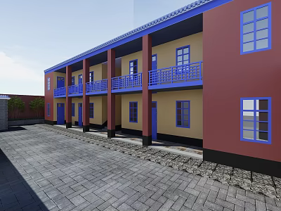Two Story Building Exterior With Red Yellow Facade Blue Windows Balconies And Front Brick Courtyard 3d model