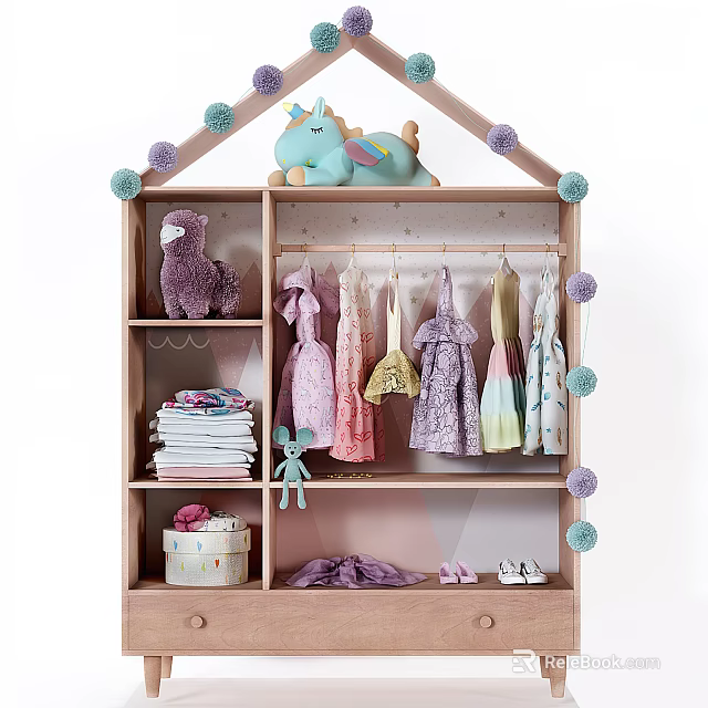 Adorable Children's Wardrobe With Unicorn Alpaca Toys Hanging Dresses And Decorative Pom Poms 3d model 