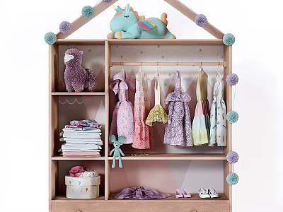 Adorable Children's Wardrobe With Unicorn Alpaca Toys Hanging Dresses And Decorative Pom Poms 3d model