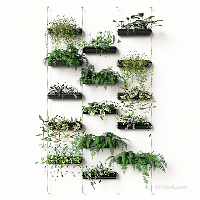 Lush Modern Green Wall Design With Various Hanging Plants And Wall Planters 3d model 