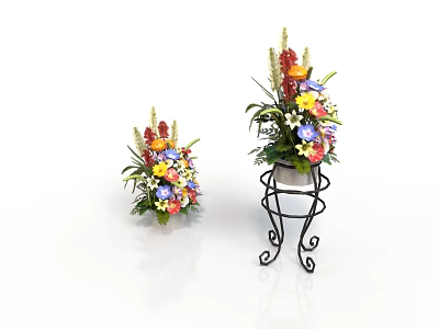 Colorful Flower Arrangements With Black Iron Stand And Placed On Floor With Vibrant Blooms 3d model