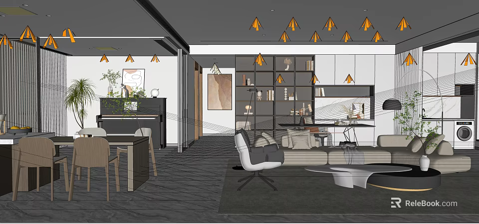Modern Living Dining Area Interior With Gray Sofa Wooden Table And Orange Pendant Lights 3d model 