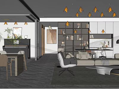 Modern Living Dining Area Interior With Gray Sofa Wooden Table And Orange Pendant Lights 3d model