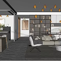 Modern Living Dining Area Interior With Gray Sofa Wooden Table And Orange Pendant Lights