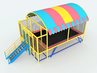 Colorful Canopy Playground Equipment With Red Yellow Blue Stripes Yellow Frame Blue Stairs Trampoline Area 3d model