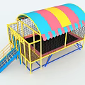 Colorful Canopy Playground Equipment With Red Yellow Blue Stripes Yellow Frame Blue Stairs Trampoline Area