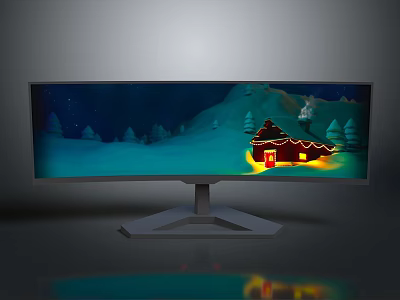 Curved Monitor Display Showing Snowy Winter Scene With Small House Evergreen Trees And Warm Lights 3d model