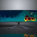 Curved Monitor Display Showing Snowy Winter Scene With Small House Evergreen Trees And Warm Lights