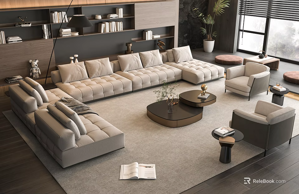 Modern Light Gray L-shaped Sofa and Round Coffee Table Set With Armchairs Rug and Bookshelf 3d model 