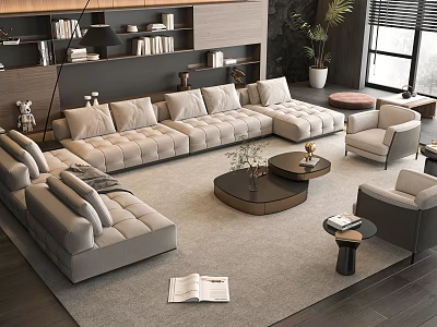 Modern Light Gray L-shaped Sofa and Round Coffee Table Set With Armchairs Rug and Bookshelf 3d model