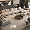 Modern Light Gray L-shaped Sofa and Round Coffee Table Set With Armchairs Rug and Bookshelf