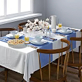 Elegant Dining Table Set With Wooden Chairs White Flowers Blue Runner And Homemade Pie