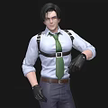 Man With Black Hair In White Shirt Green Tie Black Suspenders Black Gloves Standing Pose