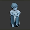 Blue Haired Humanoid Creature Character Sitting Hugging Knees On Reflective Gray Floor