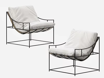Two Modern Minimalist Lounge Chairs With White Cushions And Black Metal Frames 3d model